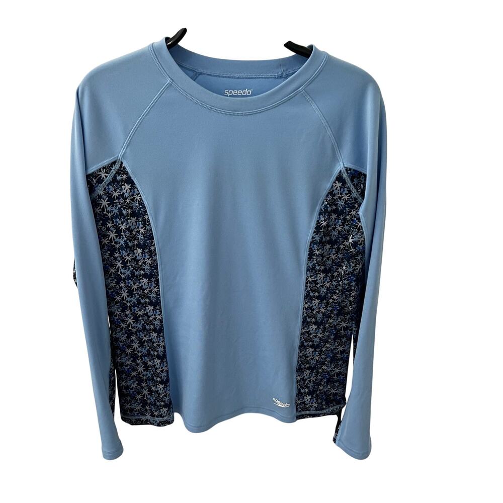 Speedo Women's Long Sleeve Rash Guard Size Large Blue Floral Print Swim Top